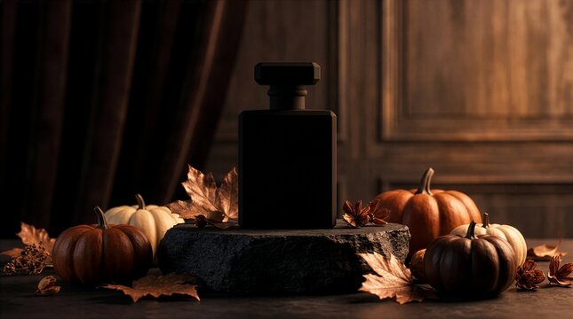 Luxury Halloween perfume mockup with pumpkins and autumn leaves