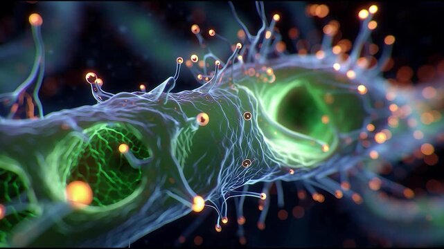 Abstract close-up of neural cells with glowing synapses and energy connections, futuristic neuroscience and brain activity concept with vibrant colors