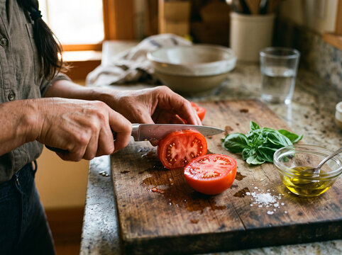 Hands halving ripe red tomatoes with fresh basil on a cutting board