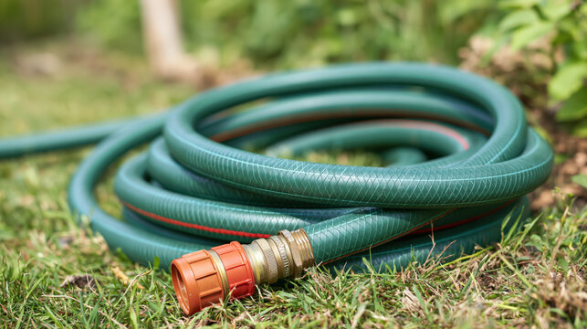 Coiled garden hose on grass for yard watering in quiet outdoor setting
