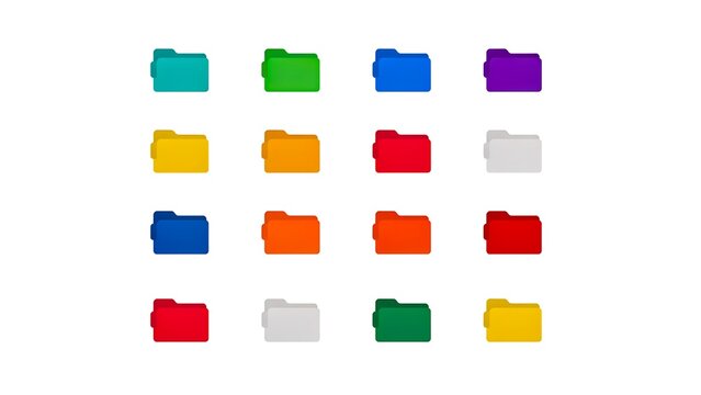 Colorful file folders arranged in rows on a white background for document organization and data management