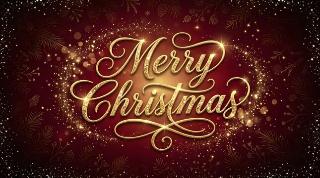 Merry christmas gold calligraphy on a festive dark red background
