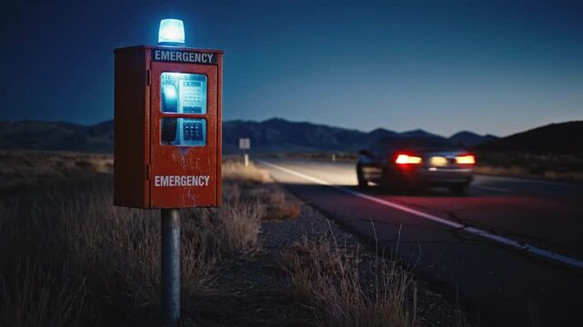 Orange emergency phone box glows beside lonely rural road after sunset. One car rushes past while another nears from distance, leaving bright headlight and taillight streaks across asphalt.