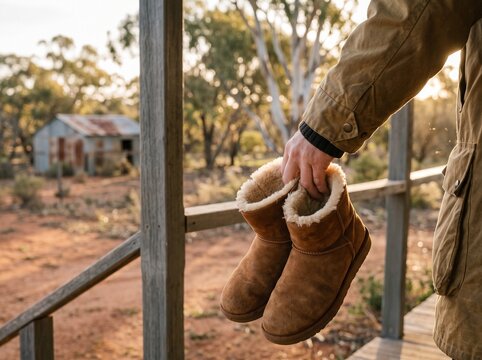 Person Hand In Khaki Jacket Holding Pair Chestnut Sheepskin Ugg Boots On Australian Outback Verandah Lifestyle Close Up