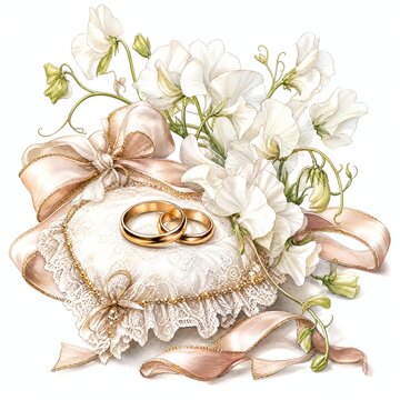 Lace Ring Cushion With Gold Bands And White Sweet Pea Spray