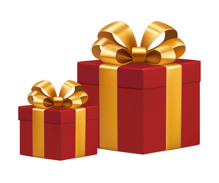Luxury red gift boxes with gold ribbon bow isolated on transparent background