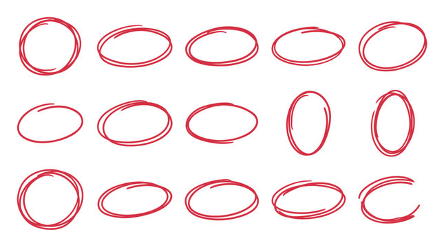 A collection of handdrawn red circles and ovals created with a marker pen for highlighting important information in notes or designs
