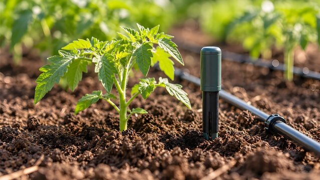 Smart agriculture concept showing young tomato plant seedling growing in fertile soil equipped with modern drip irrigation watering system