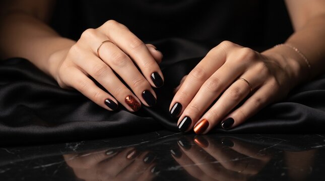Elegant female hands with black and copper gradient manicure on dark silk fabric background.