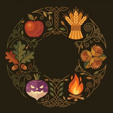 Circular celtic ornament containing harvest symbols apple wheat hazelnuts fire and turnip lantern.