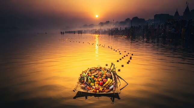Floating bamboo tray with fruits and diya candles on river water during sunset religious event.