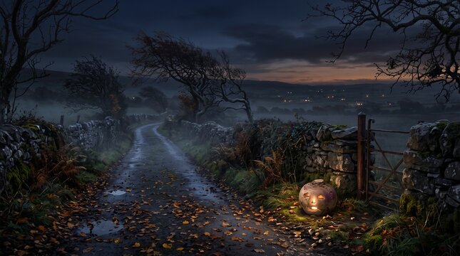 Lit turnip lantern sits on stone fence post along misty country road at dusk during halloween.