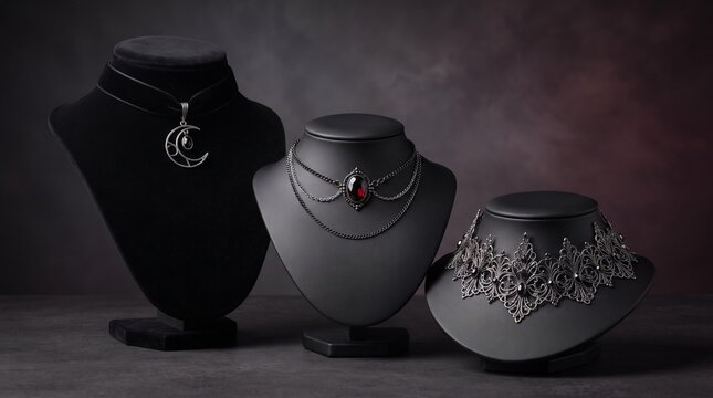 Gothic style necklace jewelry collection displayed on mannequins for luxury fashion retail.