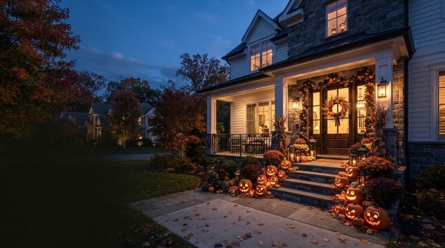 House porch decorated with glowing jack o lantern pumpkins and autumn foliage for halloween.