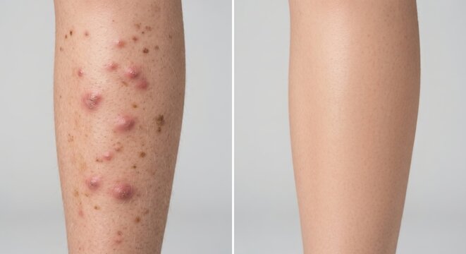 Close Up Leg Before and After Severe Folliculitis and Inflammatory Papules Skin Healing