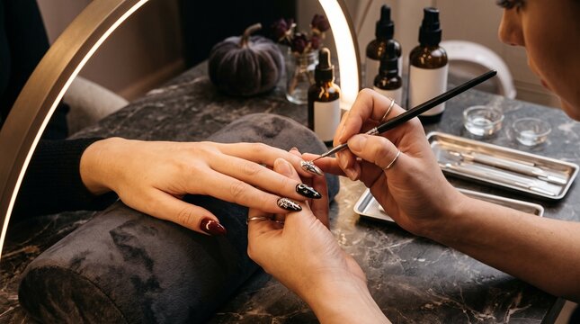 Nail technician creating detailed black spider web art on fingernails during professional session.