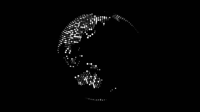 White dot pattern globe world map rotating on black background, spinning dotted earth made of circles with pulsing dots