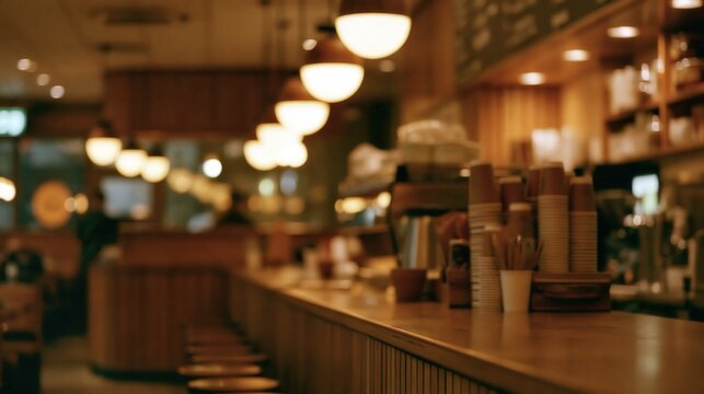 Empty long wooden counter in a warm cafe interior with glowing pendant lights, with generous copy space