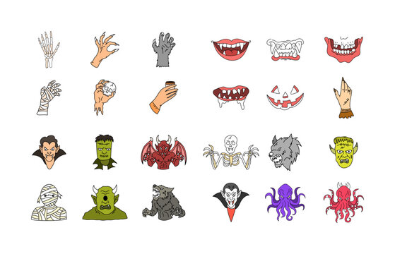 colorful halloween monster icons set flat design illustration