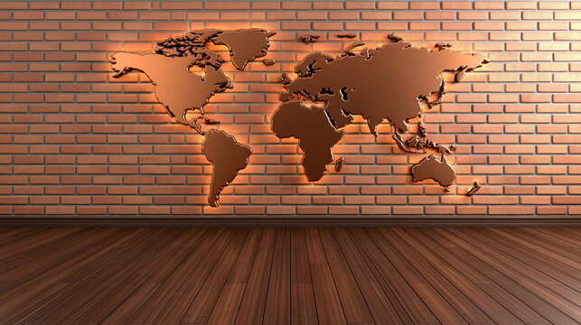 Brick wall world map interior room wooden floor warm light global mural wall decor architecture