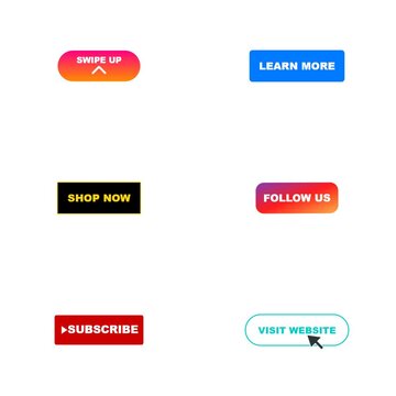 Six fluid animated svg call to action buttons including subscribe swipe up and shop now
