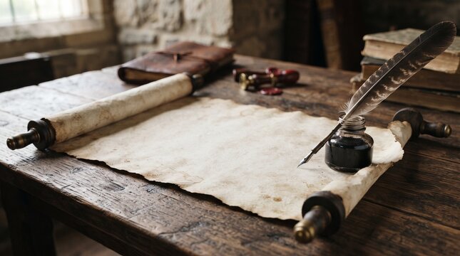 Antique writing desk with quill pen inkwell scroll and old books