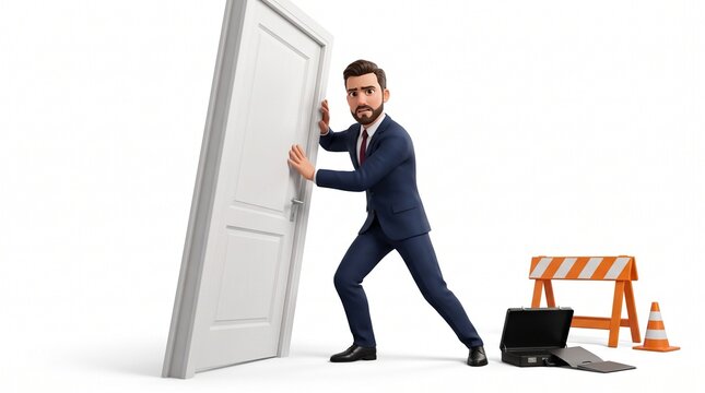3D Businessman Mascot straining to hold back Door against threat