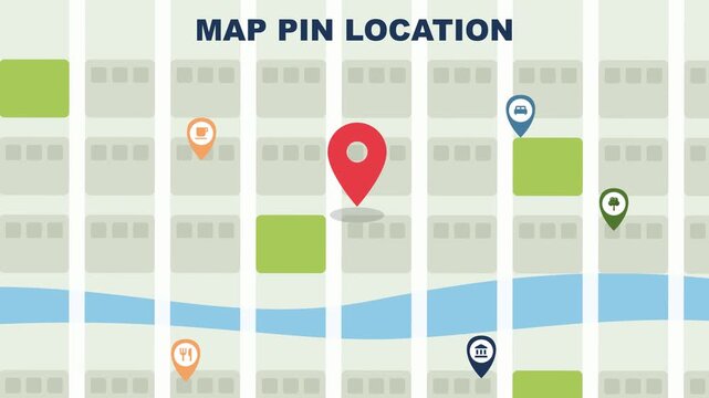 Map pin animation with flat city map from above, giant location pin bouncing, cafe, hotel, museum pins and you are here