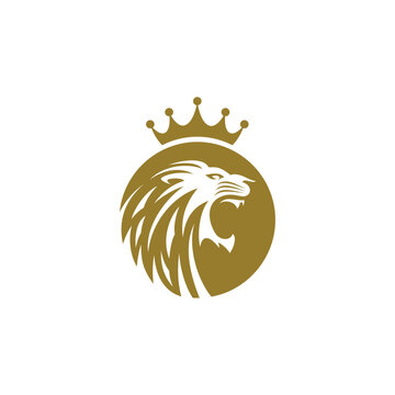Golden lion head logo with a crown inside a circle representing power and majesty