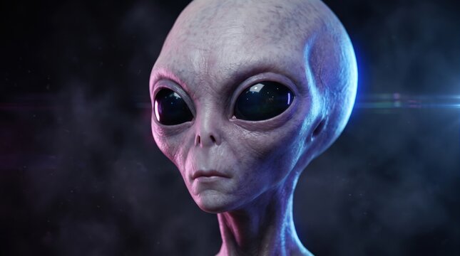 Realistic 3D portrait of a classic grey alien in deep space