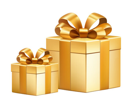 Luxury gold gift boxes with gold ribbon bow isolated on transparent background