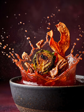 Roasted brussels sprout with pecans and sweet potato chip splashing into dark sauce