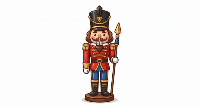 A classic wooden nutcracker soldier stand in full military uniform holding a spear, isolated on a white background for Christmas holiday design projects.