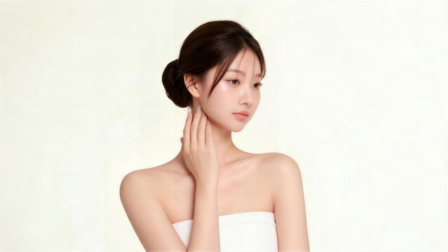 首の側面に手を添えて視線を落とすまとめ髪の女性