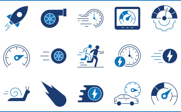 A set of icons related to Speed. Slow, snail, run, wheel, faster, efficient, flash, and so on.