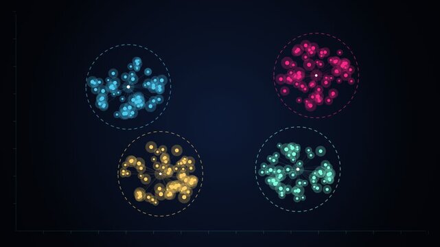 Data clustering animation with scattered points grouping into colorful clusters, machine learning visualization on dark background, seamless loop