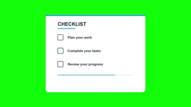 Interactive digital checklist animation with checkmarks appearing on a clean white background featuring green screen footage