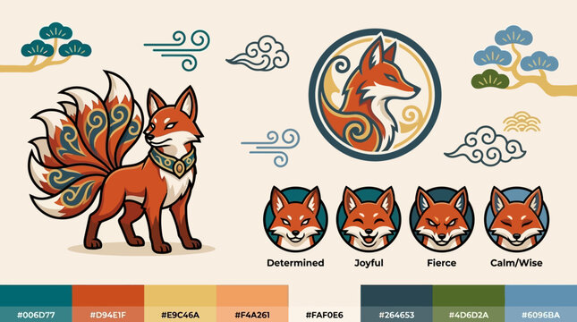 Japanese kitsune fox mascot character with expressions and palette.