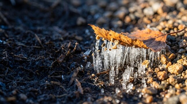 a single orange leaf rests atop thin clear ice crystals, these frozen spikes grow from dark damp soil and small brown pebbles