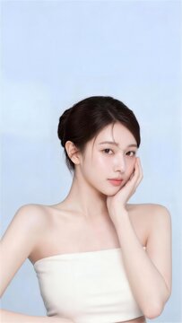 頬を手で受けて肘をつくまとめ髪の女性、水色背景の縦構図