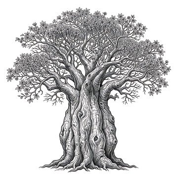 Botanical Illustration Baobab Tree With Intricate Bark Texture