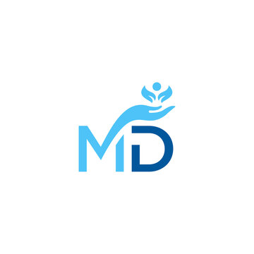 MD Monogram Logo Design with Helping Hand and Human Figure Symbol, Blue Minimalist Healthcare, Charity and Social Care Branding Vector