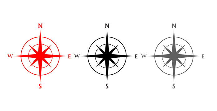 Compass Rose North South East West, Three Compass Icons Red Black Grey, Navigation Direction Symbol, Wind Rose Map Orientation, Cardinal Points Compass Set,