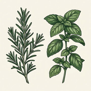 Culinary Botanical Illustration Rosemary And Basil Sprigs With Veined Leaves