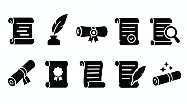 Historical scrolls and certificate document flat icons set