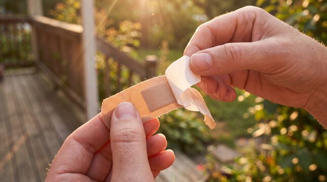 Hands Peeling Protective Paper Backing from Adhesive Fabric Bandage at Sunset
