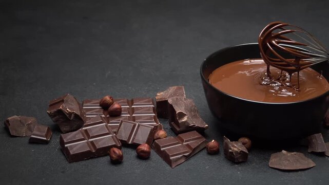 Dark chocolate bars and hazelnuts arranged beside a black bowl of melted chocolate with a whisk lifting from the surface