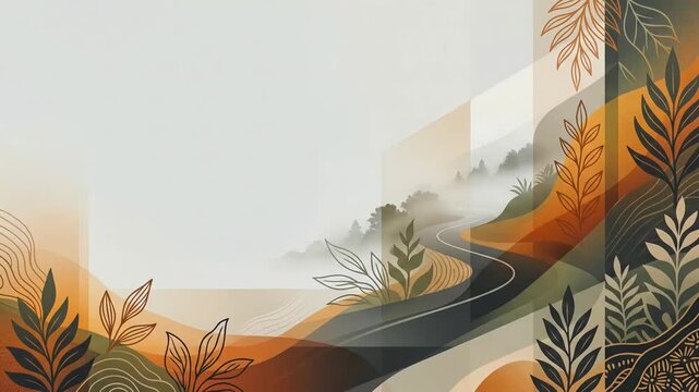 Abstract Batik-Inspired Background with Misty Autumn Road Journey and Botanical Silhouettes; Modern UI Hero Header with Soft Gradients and Large Minimalist Copy Space