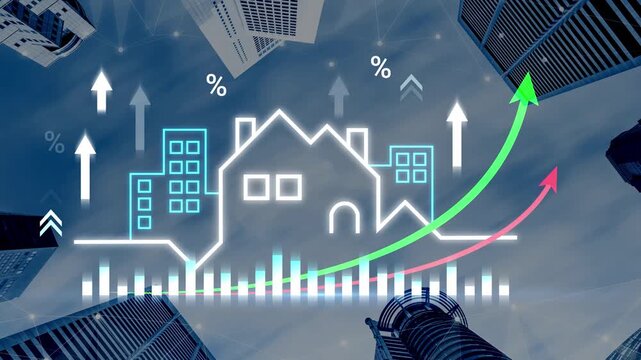 Real estate market growth analysis with upward and downward trends using graphs and symbols in a modern cityscape from a unique downward perspective Gluon.