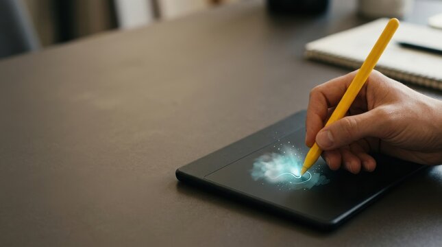 A person using a vivid yellow digital stylus to interact with a compact blank drawing tablet for future work and creative adaptability visualization